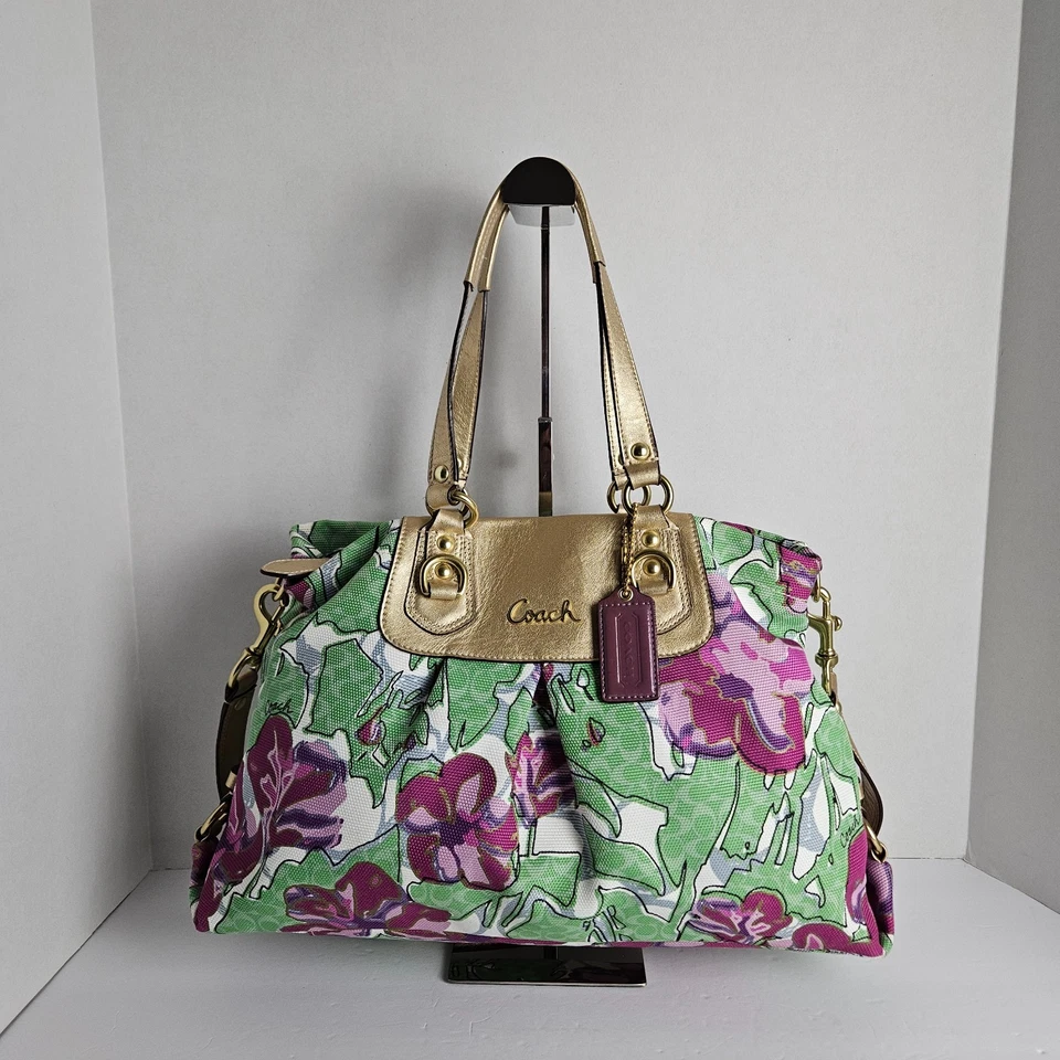 Coach Ashley Iris Floral Lavender Bag – Gold Metallic Trim – 15” x 10.5” x 3.75” - Image 3 of 4