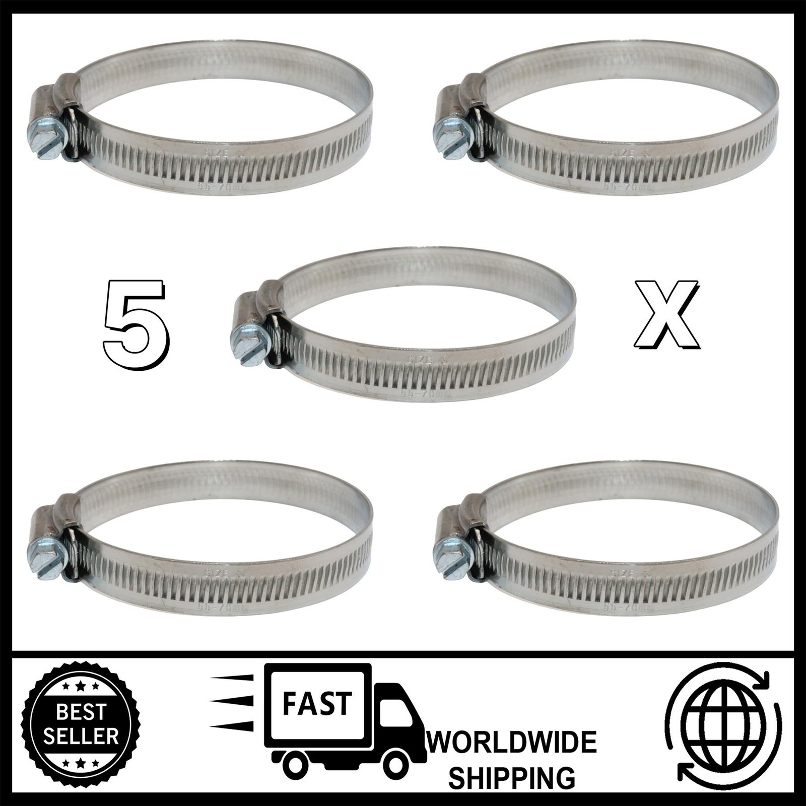5x Hose Clamp 3SS Jubilee Clip 55mm - 70mm 304 Stainless Steel 2 1/8–2 3/4 inch