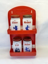 VTG Milk Glass Spice Shaker Jar Set Dutch Theme Plastic Red Rack 1950s