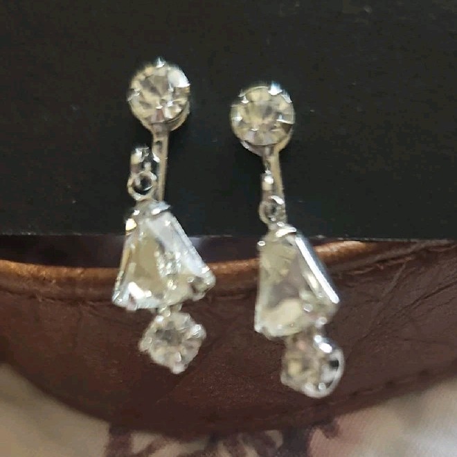 Clear Crystal Geometric Dangle Drop Earrings Silv… - image 1