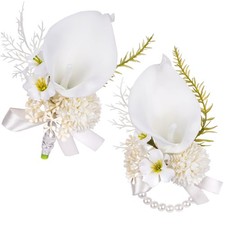 Blue Boutonniere Corsage Prom 2 PCS Artificial Flowers Wristlet Set Groom