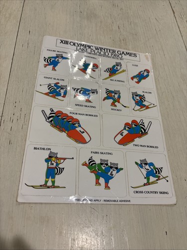 Lake Placid 1980 Winter Games Official Roni Raccoon Thirteen Decal Set Stickers