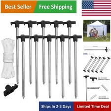 Non-Rust Metal Tent Stakes 8 Inch - 10 Pcs Heavy-Duty with Ropes for Outdoors