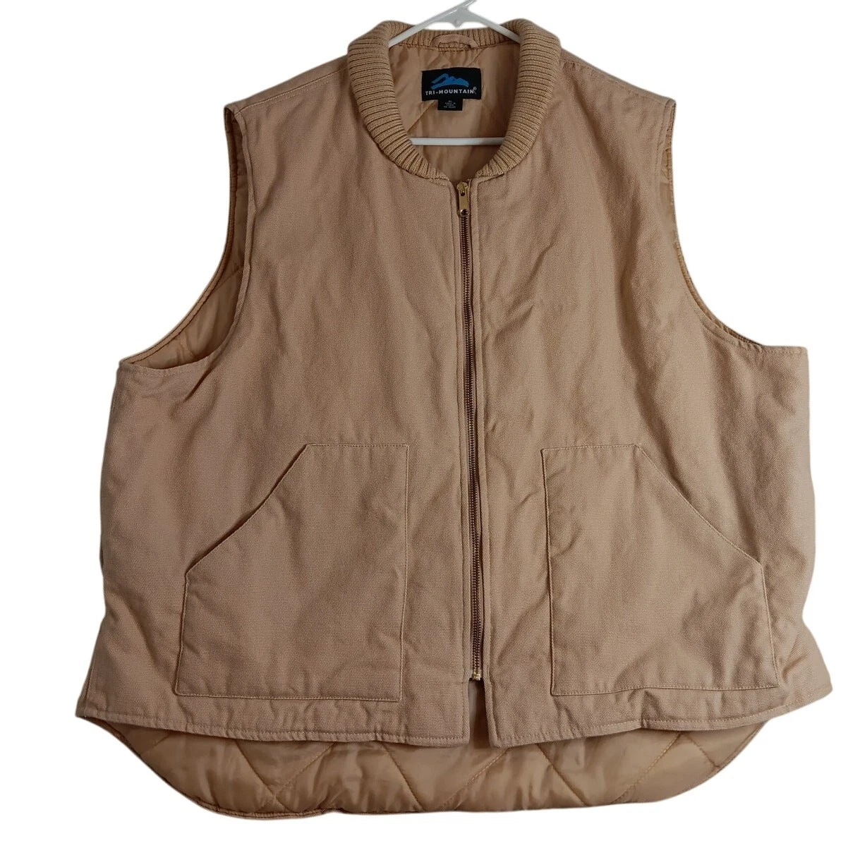 Tri-Mountain Canvas Vest Mens XL Tan Diamond Quilt Lined Zip Outdoors Utility
