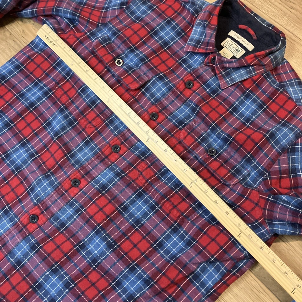 Men's L LL Bean Plaid Fleece Lined Shacket Flannel Jacket Red Blue Button Up - Image 4 of 4