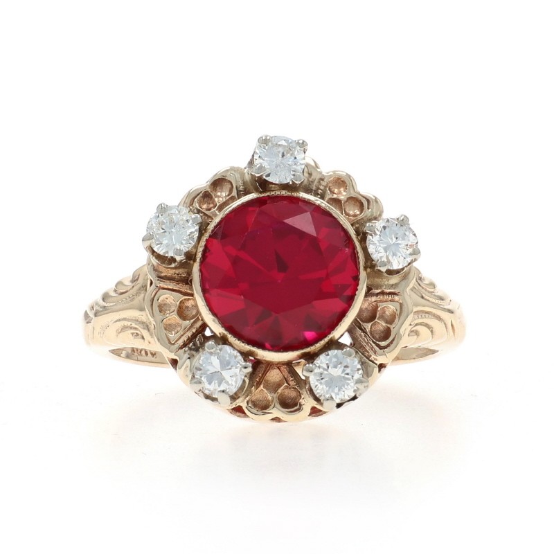 Yellow Gold Lab-Created Ruby Diamond Vintage Ring… - image 1
