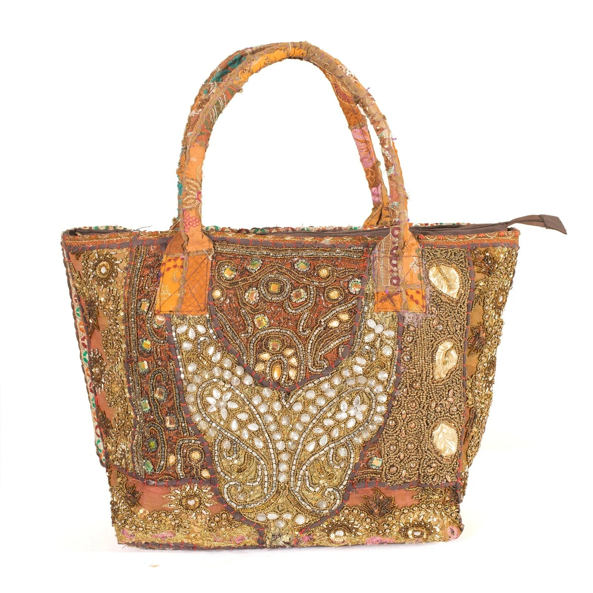 Vintage Brown Beaded Embroidered Handbag Indian Tote Hobo Shoulder