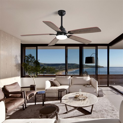 52" Modern Indoor LED Ceiling Fan 5 Wooden Blades Dimmable w/Light &Remote Black - Picture 7 of 9