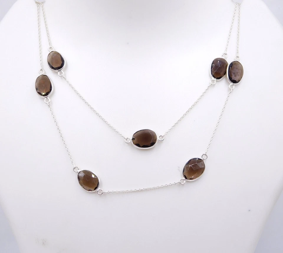 12 Gm 925 Sterling Silver Natural Smoky Quartz Stone Bezel Necklace Size 28.5" - Image 2 of 4