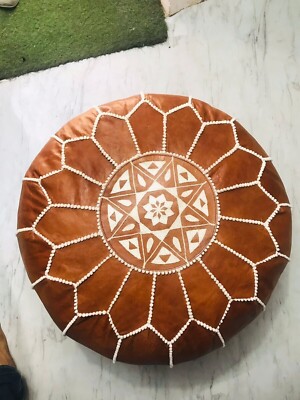 Moroccan Genuine Footstool Leather Ottoman Natural Round Handmade Pouffe