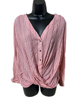 Ana WomensShirt Size Large Long Sleeve Button Down V-neck  Pink Striped New