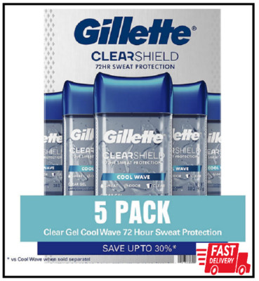5 PACK Gillette Clear Gel Men's Antiperspirant & Deodorant, Cool Wave 3.8 oz.