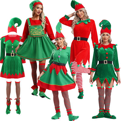 Women Christmas Elf Dress Velvet Dresses Xmas New Year Party Deluxe Costumes