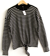 LOFT Soft Wool Blend Black White Striped Tie Front Sweater Mockneck Size S NWT