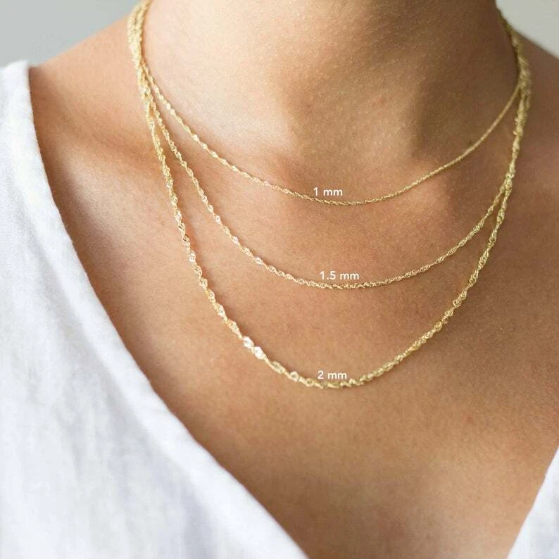 Solid 14K Yellow Gold Singapore Chain Necklace Delicate Dainty Necklace
