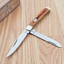 Rough Ryder Trapper Pocket Knife Stainless Steel Blades Tobacco Bone Handle 777