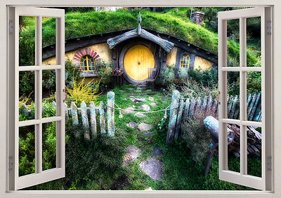 Hobbit Cottage Natur See 3D-Effekt Fenster Wandaufkleber Vinyl Poster 378