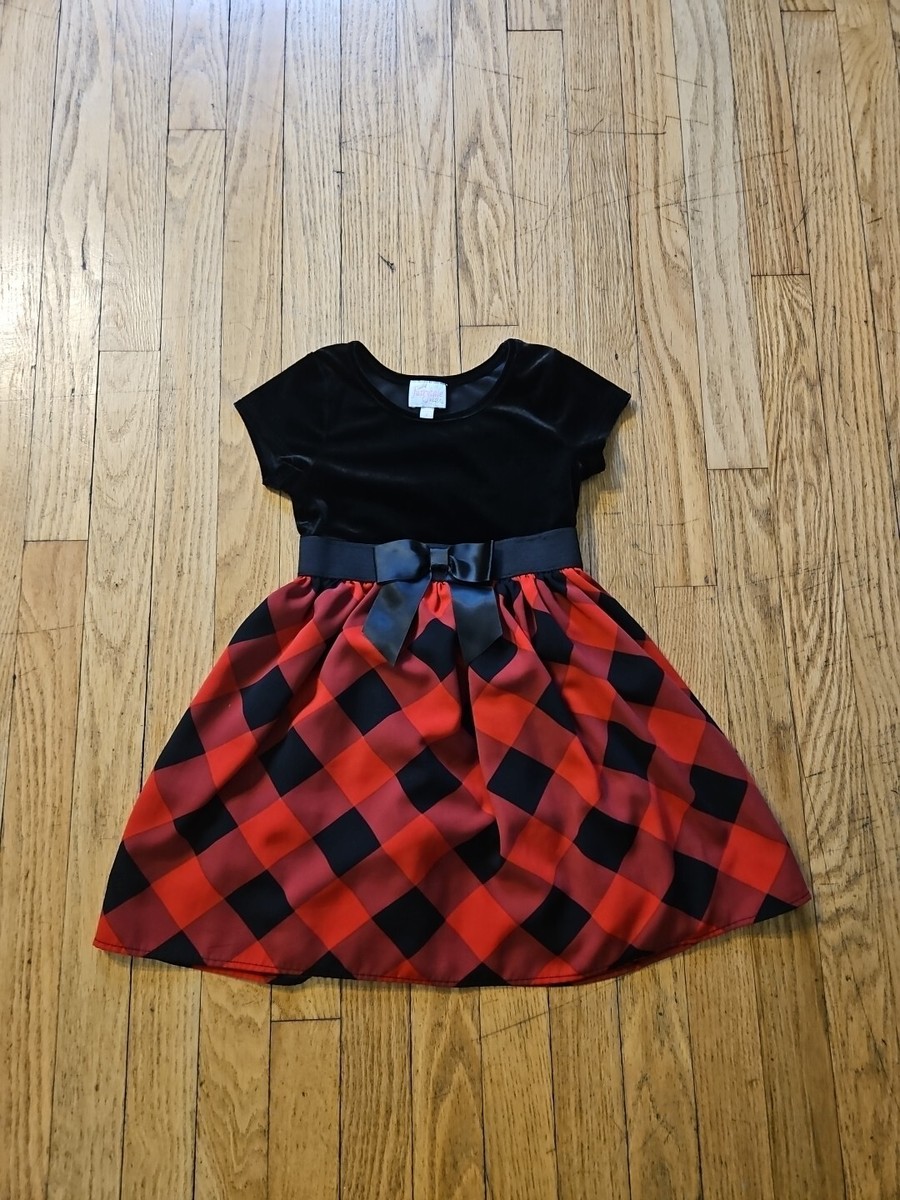 size 6 girls christmas dress Velvet Plaid Bow Stitching Error On Waist See Pics Brand_FOA