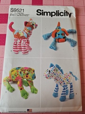 Simplicity Pattern S9521 Plush Toy Animals Frog Cat Dog Horse Fleece Fill UNCUT