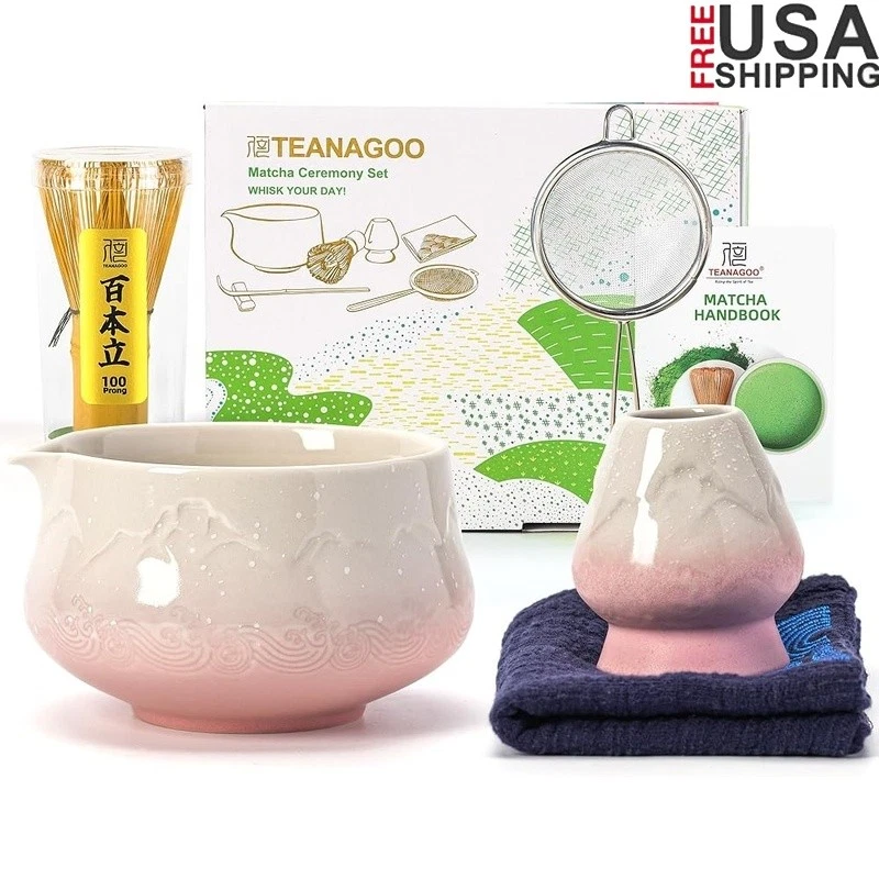 7pcs Matcha Whisk Set Ceramic Bowl Bamboo Whisk Scoop Holder Tea Cloth Sifter US