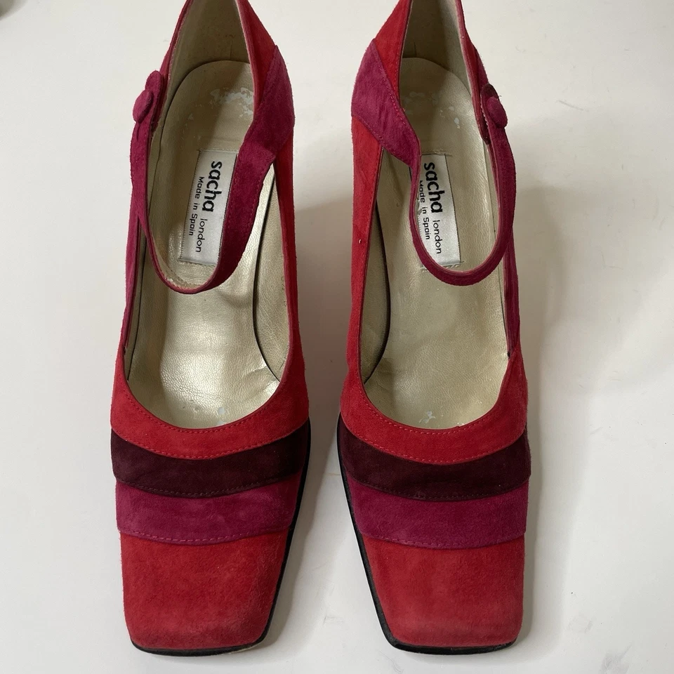 Sacha London Vintage Tamanho 6.5 Salto Alto Camurça Vermelho Color Block Retro Glam - Imagem 2 de 4