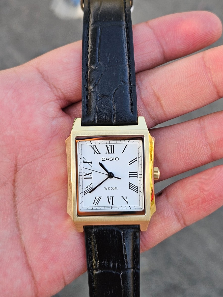 ゆき CASIO MTP-B190GL-7BV タンク クォーツ 美品 CASIO Mens Wristwatch MTP-B190GL-7B Leather Black Golden White