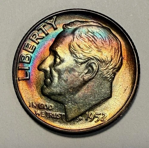 1952 Silver Roosevelt Dime, BU, Stunning Rainbow Toned!
