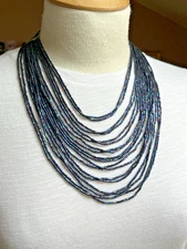 Multi Strand Necklace Shiny Peacock Blue Seed Beads 18-21” Length Big Clasp