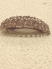 Vintage Gold Tone Hair Barrette Clip Filigree Leaf Clear Rhinestones