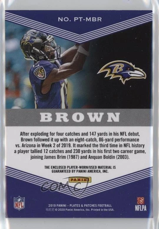 2019 Panini Plates & Patches Trio /99 Marquise Brown #PT-MBR Rookie Patch RC - Image 2 of 2