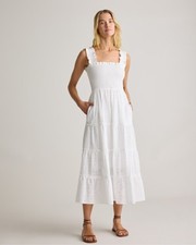 Quince Women 100% Organic Cotton Eyelet Smocked Midi Dress White S