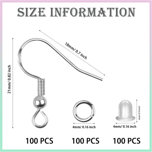 300Pcs 925 Sterling Silver Earring Hooks with Jump Rings and Clear Silicone Back - Picture 2 of 7