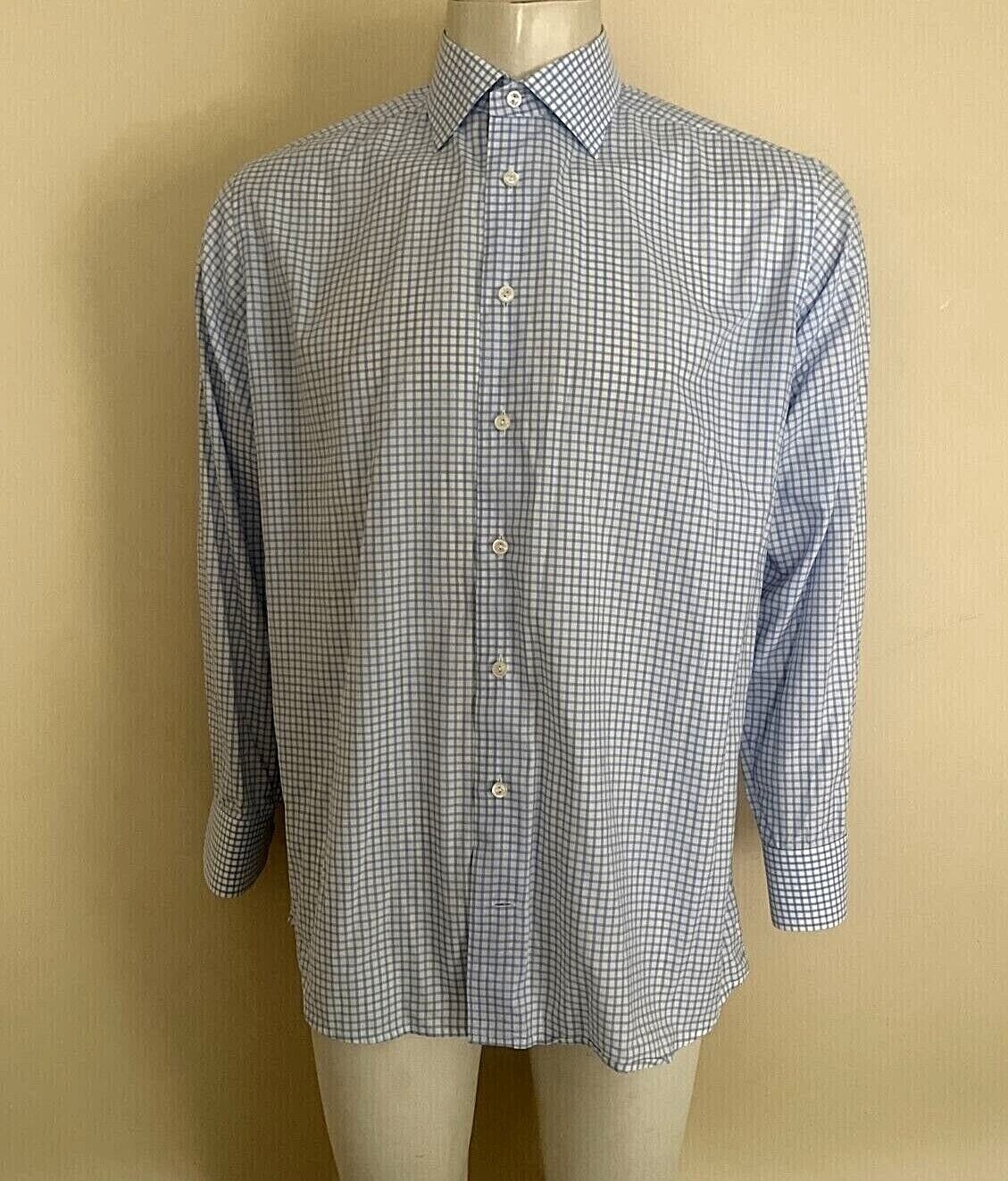 Eton Light Blue White Gingham Check Dress Shirt Button Down Slim 17 43