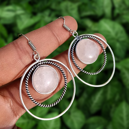 Awesome Natural Rose Quartz Gemstone Round Cut Earring 925 Silver Plated Jewelry - Picture 1 of 4