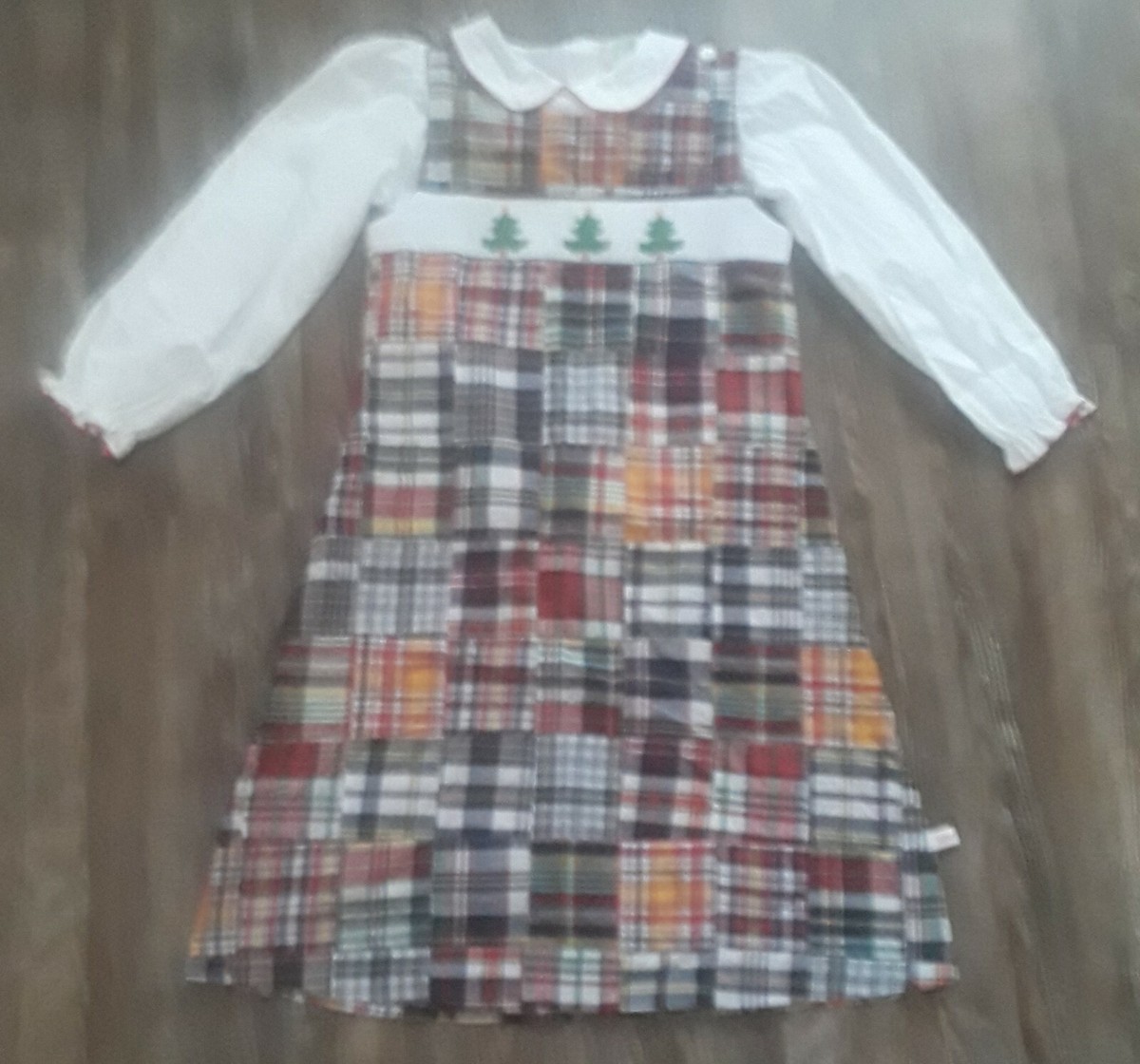 Lolly Wolly Doodle girls plaid Christmas Tree smocked dress and