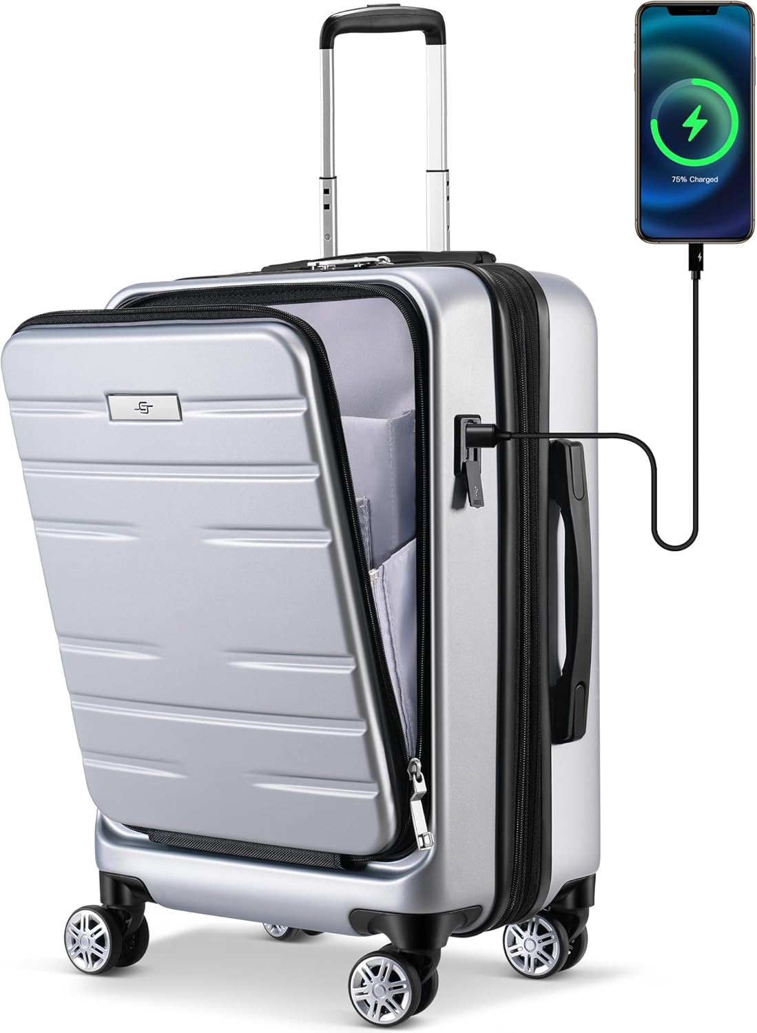 Carry on Luggage Airline Approved,Expandable PC Hard Shell Suitcase with USB Por-image