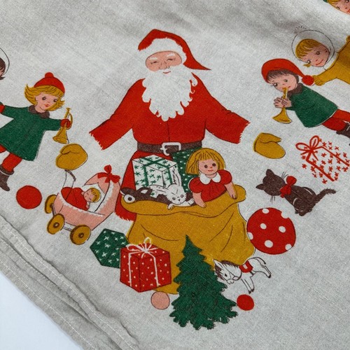 Vintage Linen Tablecloth Santa Children Holding Hands Christmas Trees 49"x45" - Picture 4 of 24