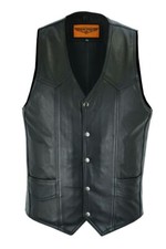 Men's Black Cowhide Leather Vest Motorcycle Concealed V-Neck Custom Waistcoat