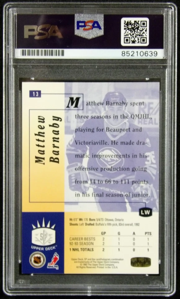 Matthew Barnaby Sabres Signed 1993-94 Upper Deck SP Card #13 PSA Authenticated - Image 2 of 2