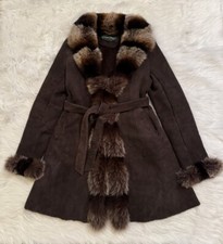 Overland Gemma Shearling Sheepskin Coat Fox Fur Trim Brown Vtg Large