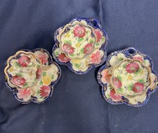 3 Hand Painted 3" Footed Bowls w/ Saucers Made in Japan Cobalt & Flowers