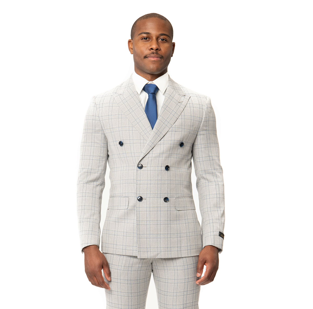 Slim Fit Double Breast Mens Plaid Blazer Chalk Grey 2 Button Peak