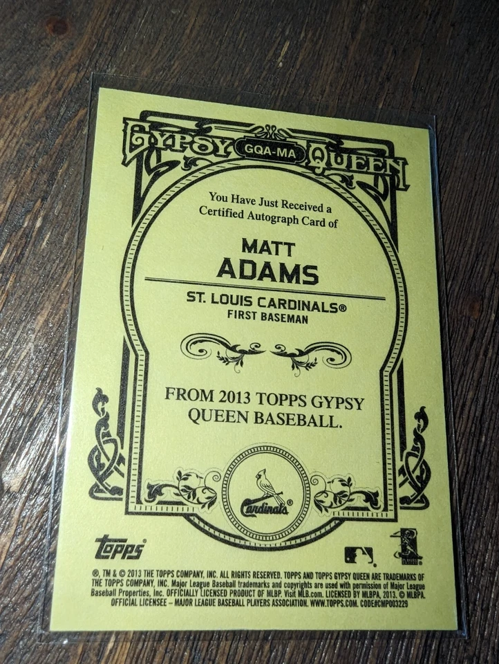 MATT ADAMS 2013 TOPPS GYPSY QUEEN AUTOGRAPHED SIGNED AUTO BASEBALL CARD GQA-MA - Image 2 of 2