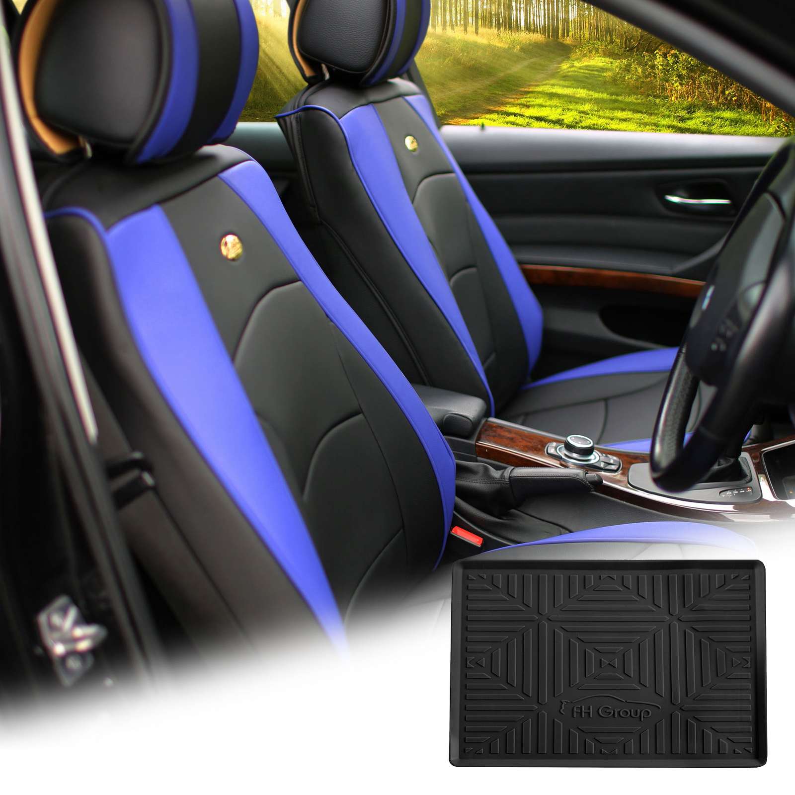 Leatherette Seat Cushion Covers Front Bucket Blue w/ Dash Mat For Motors