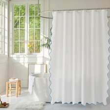 Aqua Scalloped Border Shower Curtain, White Fabric 72x72 Coastal Spa Decor NEW