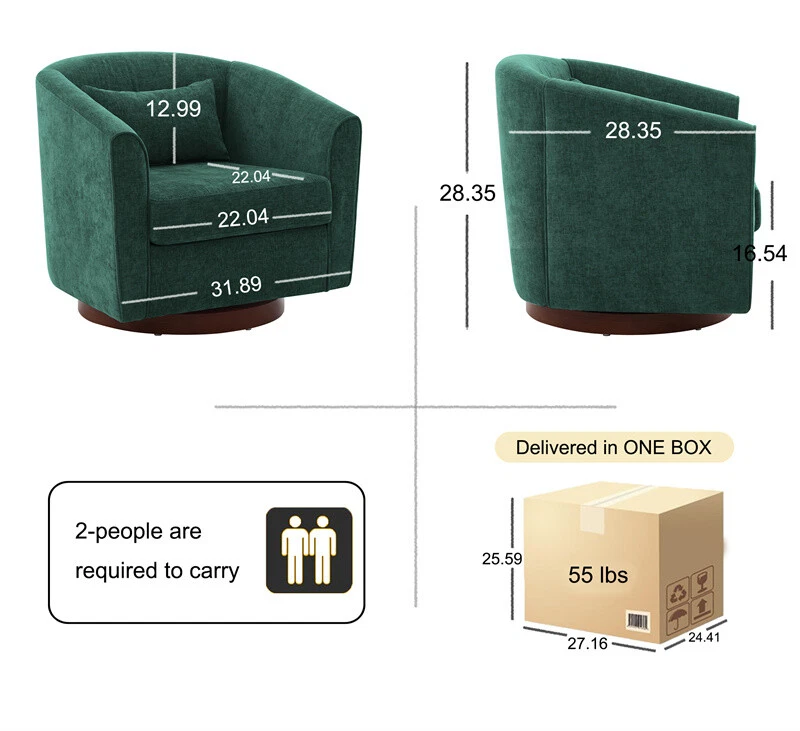 Silla giratoria con detalles, cómodas sillas de sofá individuales tapizadas de chenilla con base de madera Foto 2 de 4