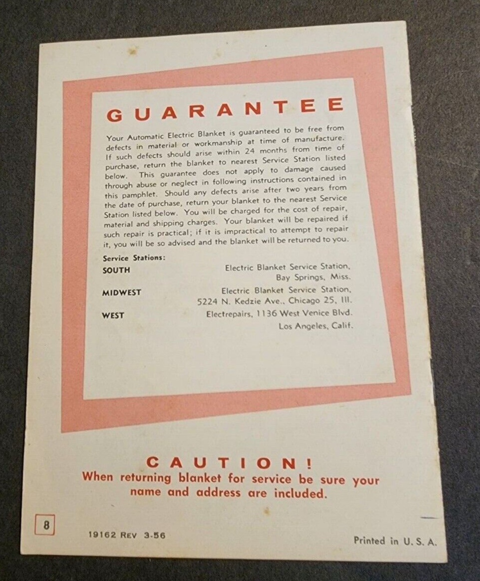 Vintage 1956 Automatic Electric Blanket Instruction Booklet eBay