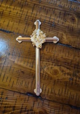 50th Anniversary Cross Wall Hanging Brass Metal Topaz Rhinestones Cathedral Art