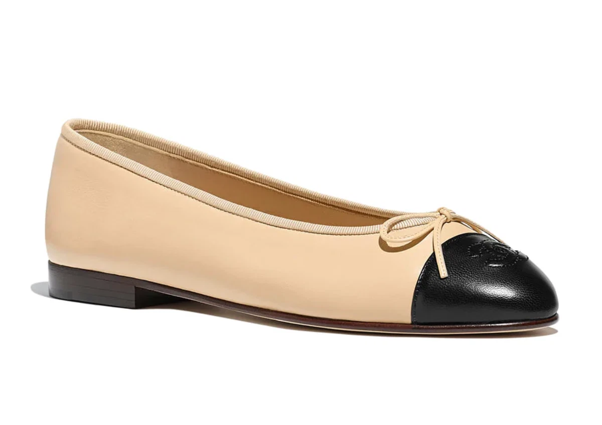 Chanel Beige Black Lambskin Leather CC Logo Bow Tie Ballet Ballerina Flat 36