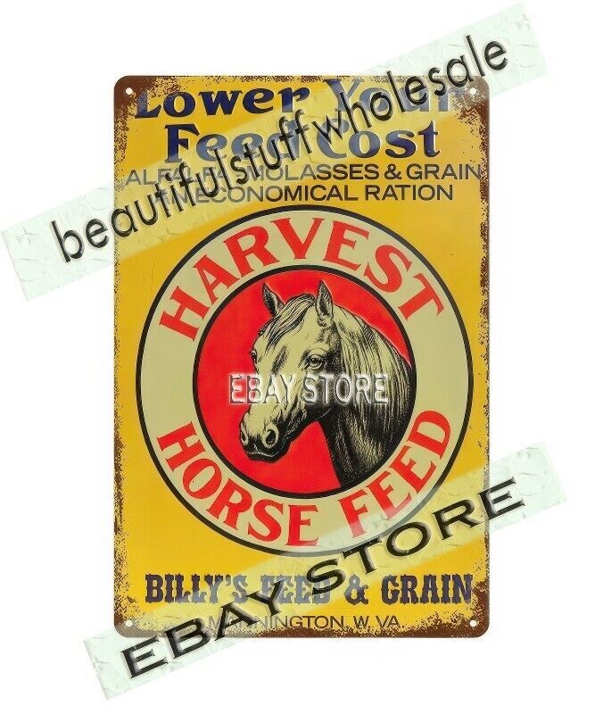 HARVEST HORSE FEED farm ALFALFA MOLASSES GRAIN QUARTER tin sign building plaque